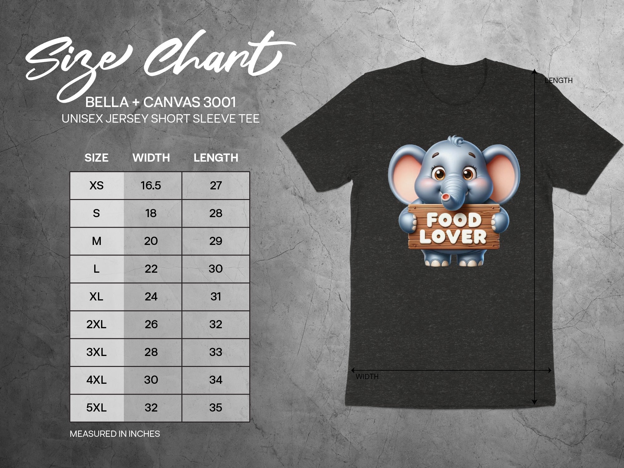 Size chart for Bella + Canvas 3001 unisex tee with cartoon elephant holding a "Food Lover" sign.