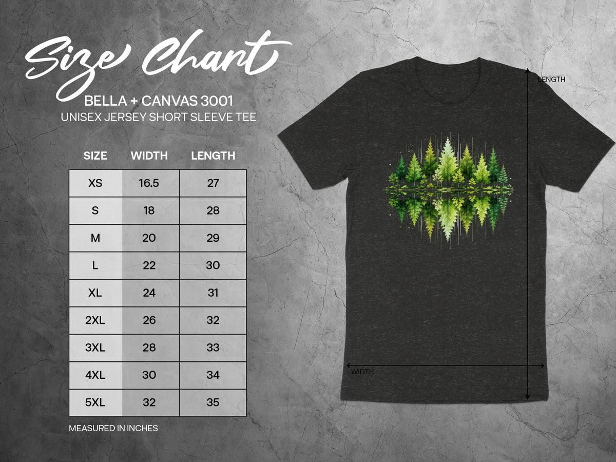 Bella + Canvas 3001 unisex tee size chart with width and length measurements in inches.