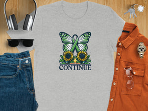 T-shirt with green butterfly, sunflowers, and the word "CONTINUE"