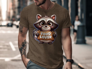 Brown t-shirt with cartoon raccoon holding "FOOD LOVER" sign.