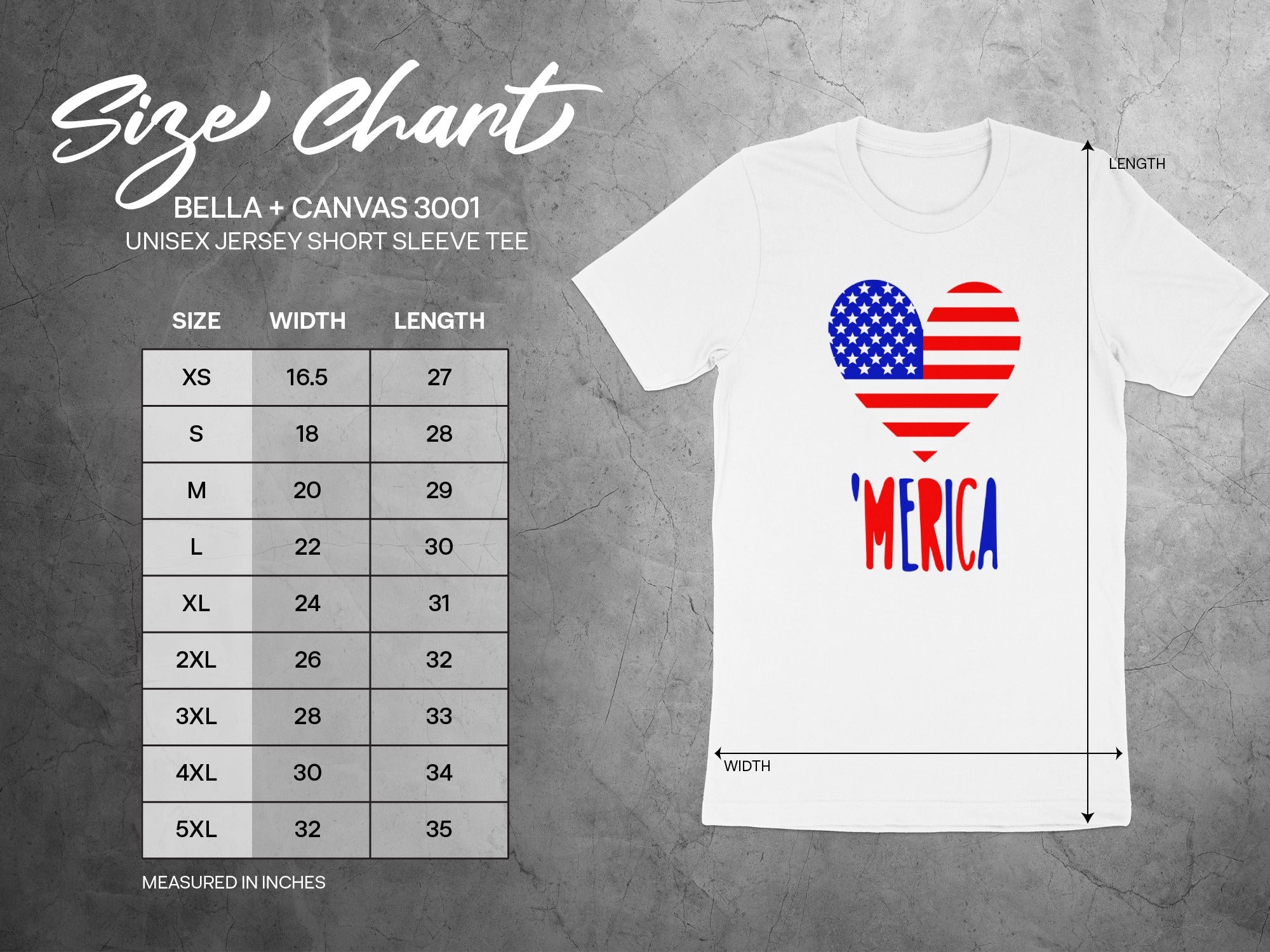 Size chart for BELLA + CANVAS 3001 unisex short sleeve tee with measurements.