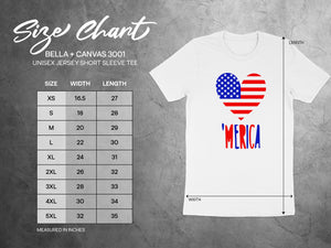 Size chart for BELLA + CANVAS 3001 unisex short sleeve tee with measurements.