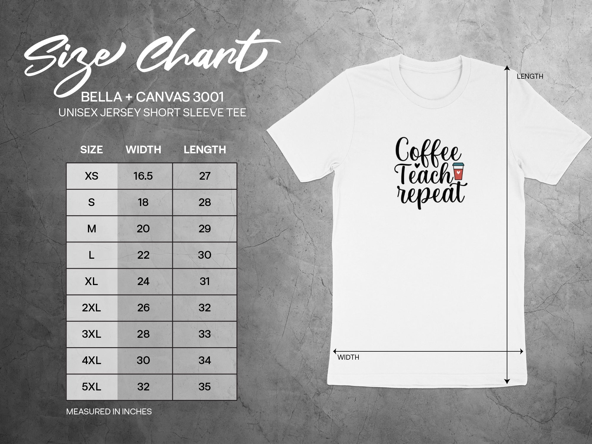 BELLA + CANVAS 3001 unisex jersey short sleeve tee size chart in inches.