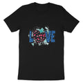 Black t-shirt with "LOVE" text and a heart filled with smaller hearts.