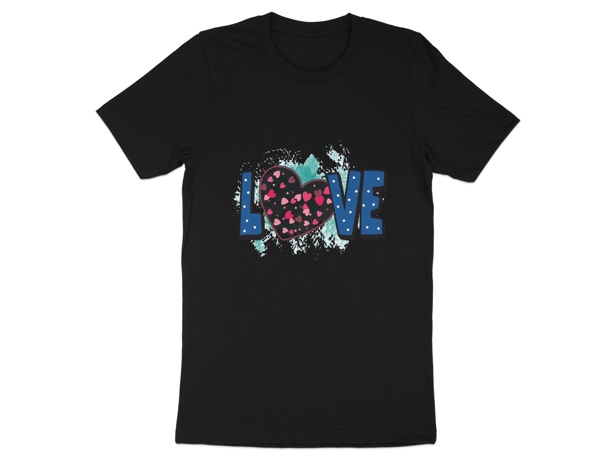 Black t-shirt with "LOVE" text and a heart filled with smaller hearts.