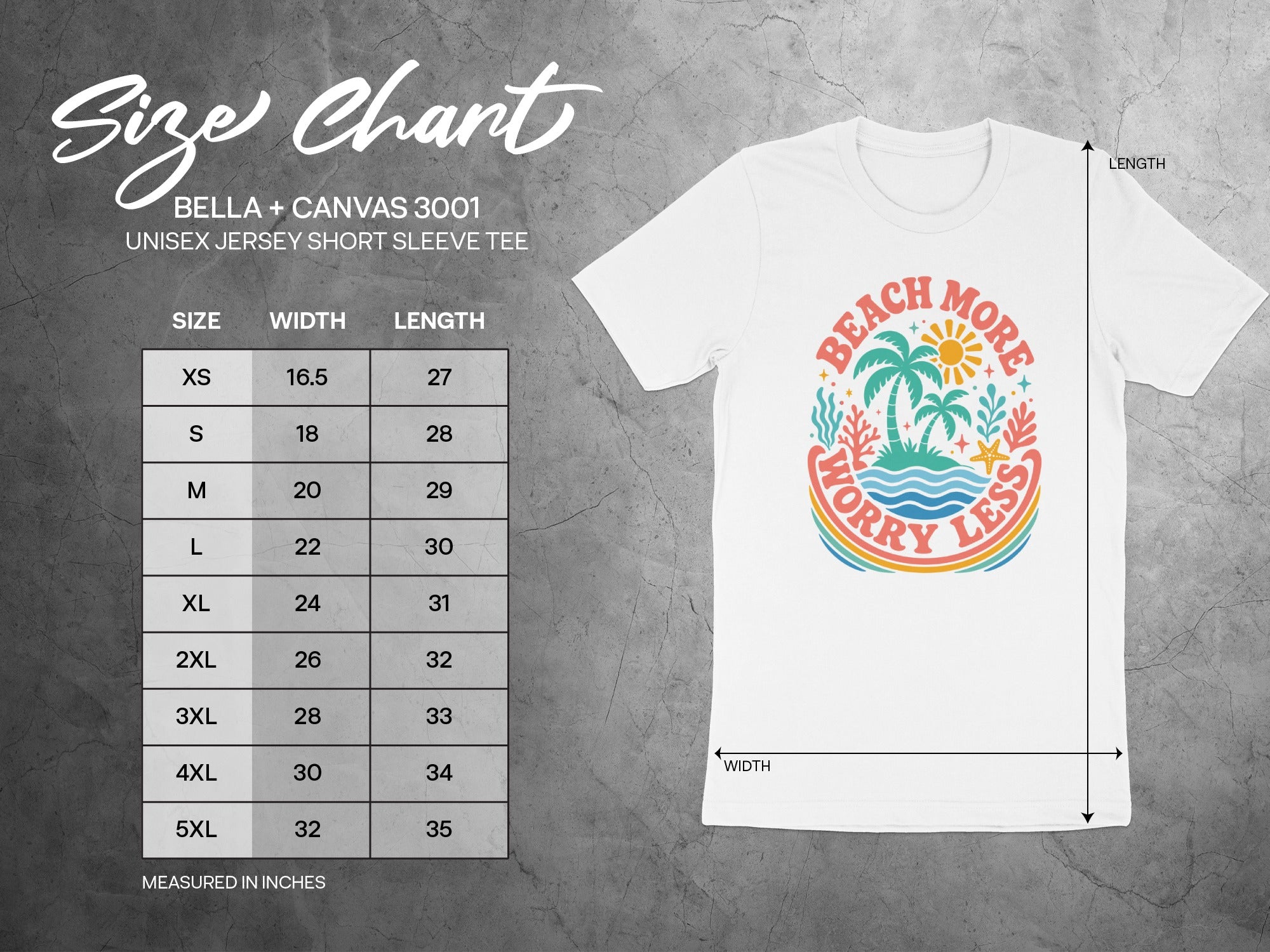 Bella + Canvas 3001 unisex t-shirt size chart showing width and length in inches.