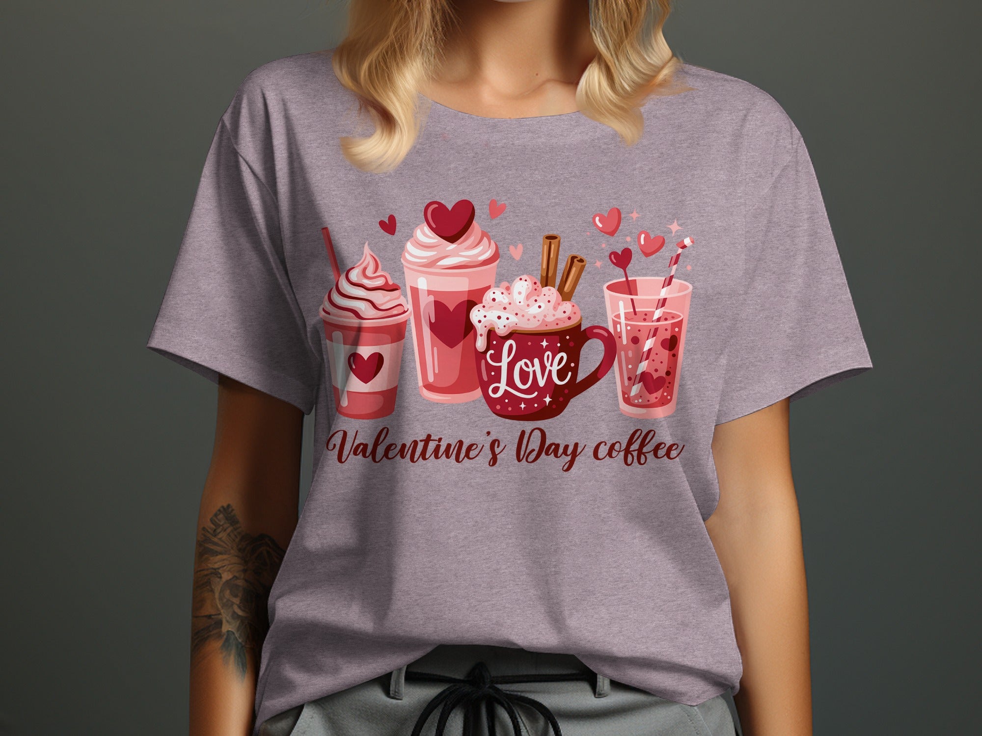 Valentine's Day coffee graphic with cups, hearts, and text on a t-shirt.