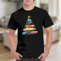 Black t-shirt featuring a colorful, brushstroke Christmas tree design with a star.