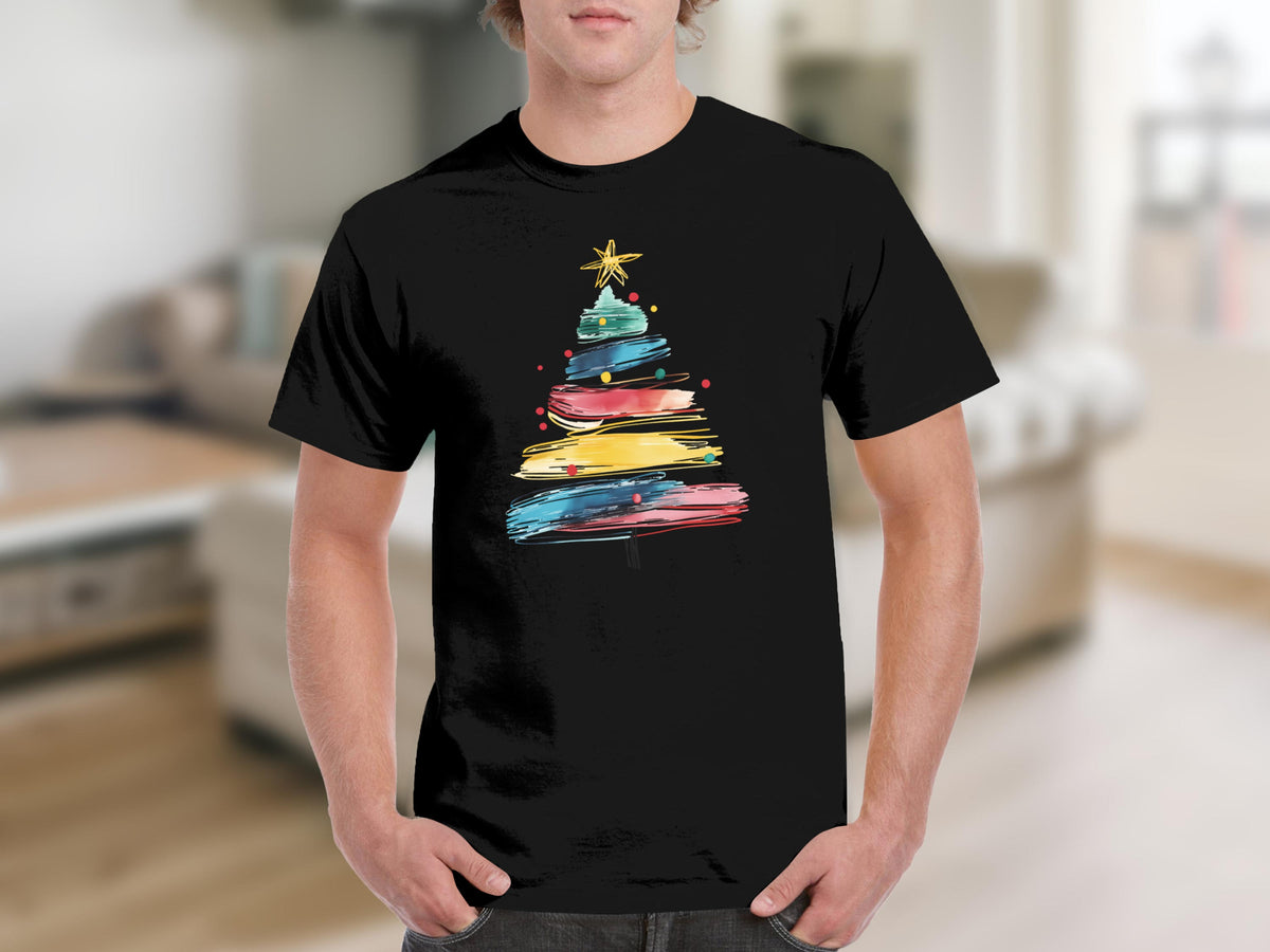 Black t-shirt featuring a colorful, brushstroke Christmas tree design with a star.