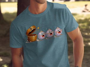 T-shirt graphic: startled dumplings running from a steaming bamboo basket.