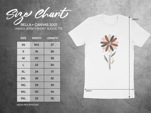 Size chart for Bella + Canvas 3001 unisex tee with patriotic flower graphic.