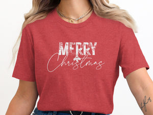 Red t-shirt with "Merry Christmas" graphic and holly sprig.