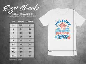 Size chart for Bella + Canvas 3001 unisex short sleeve tee with graphic.