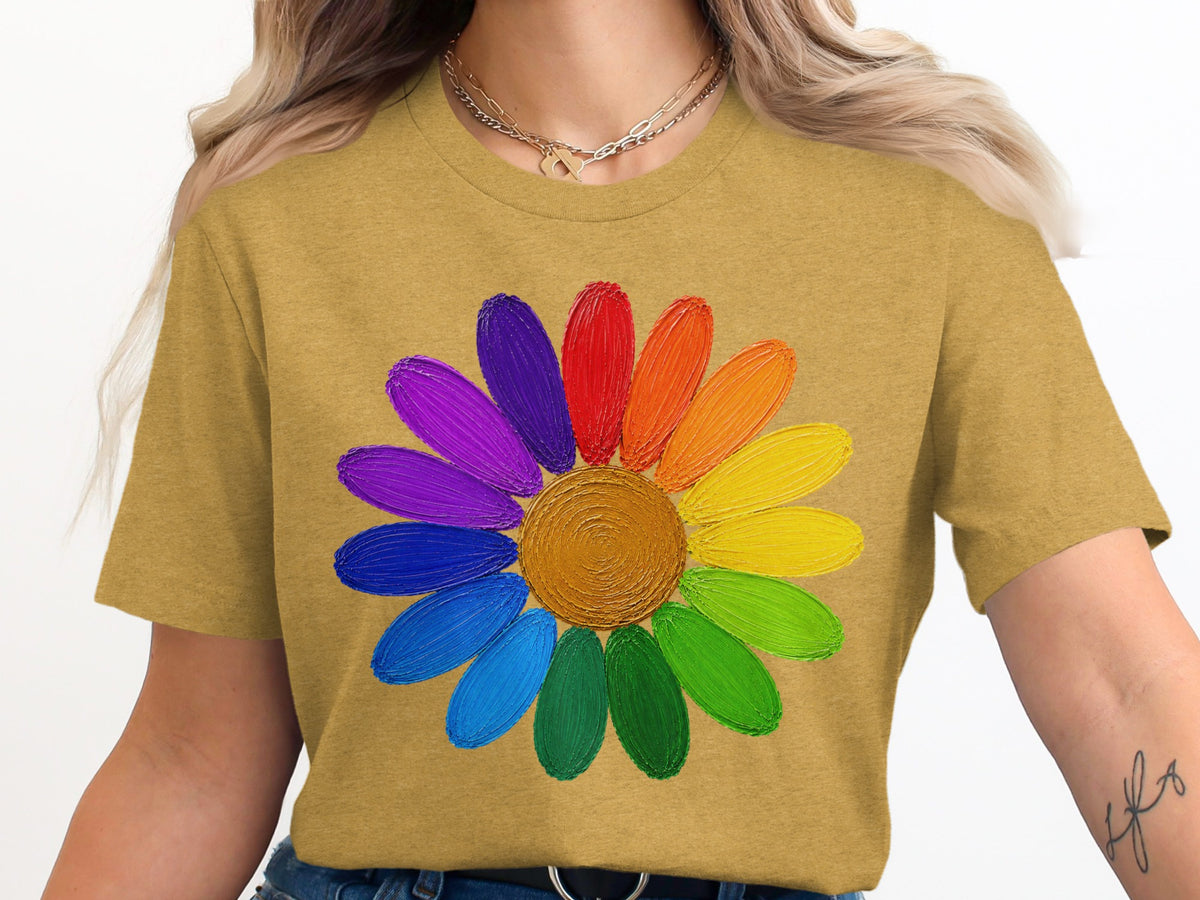 Yellow t-shirt with a large, colorful daisy graphic with rainbow petals.