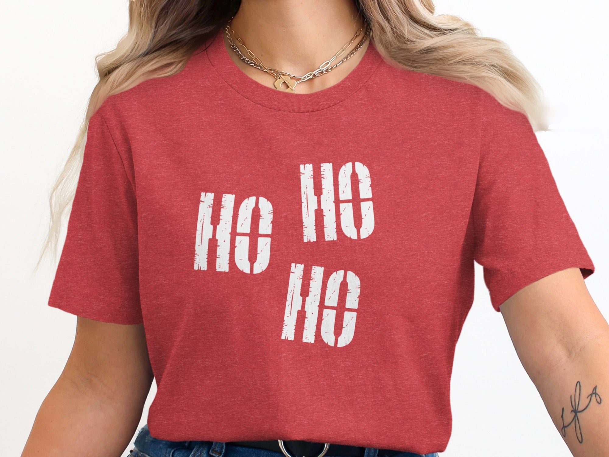 Red t-shirt with white "HO HO HO" text across the chest.