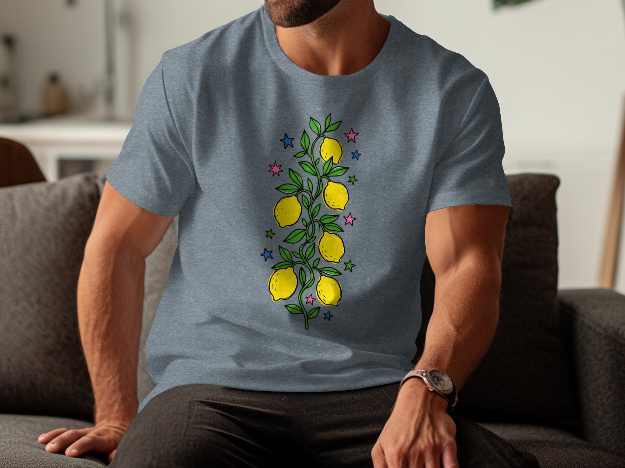 Gray t-shirt with a cartoon lemon branch and stars print on the chest.