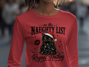 Black cat with Santa hat tangled in Christmas lights, on the naughty list.