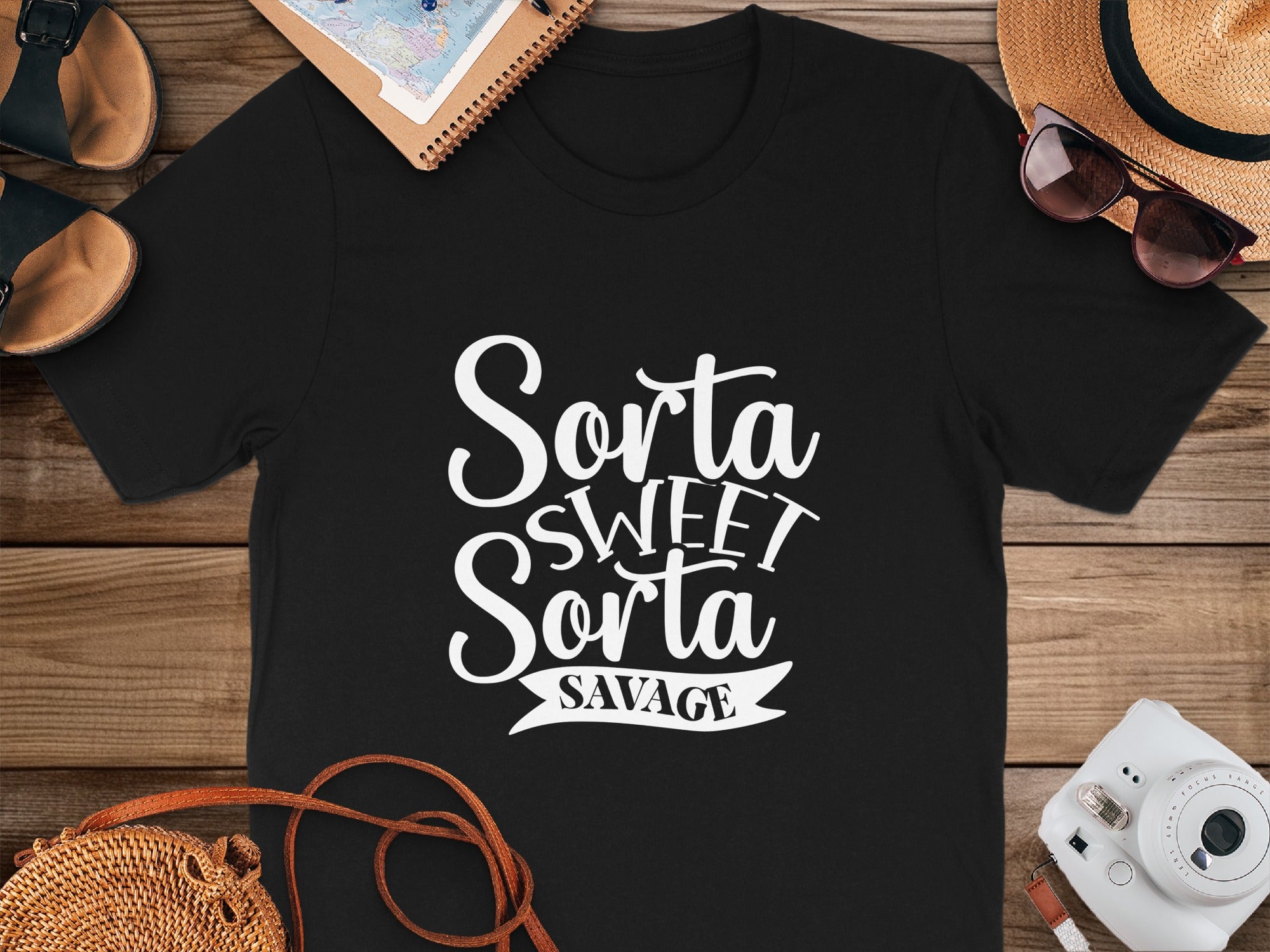 Black t-shirt with white text: "Sorta SWEET Sorta SAVAGE"