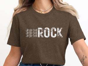 Brown t-shirt with white text "Jingle Bell Rock"
