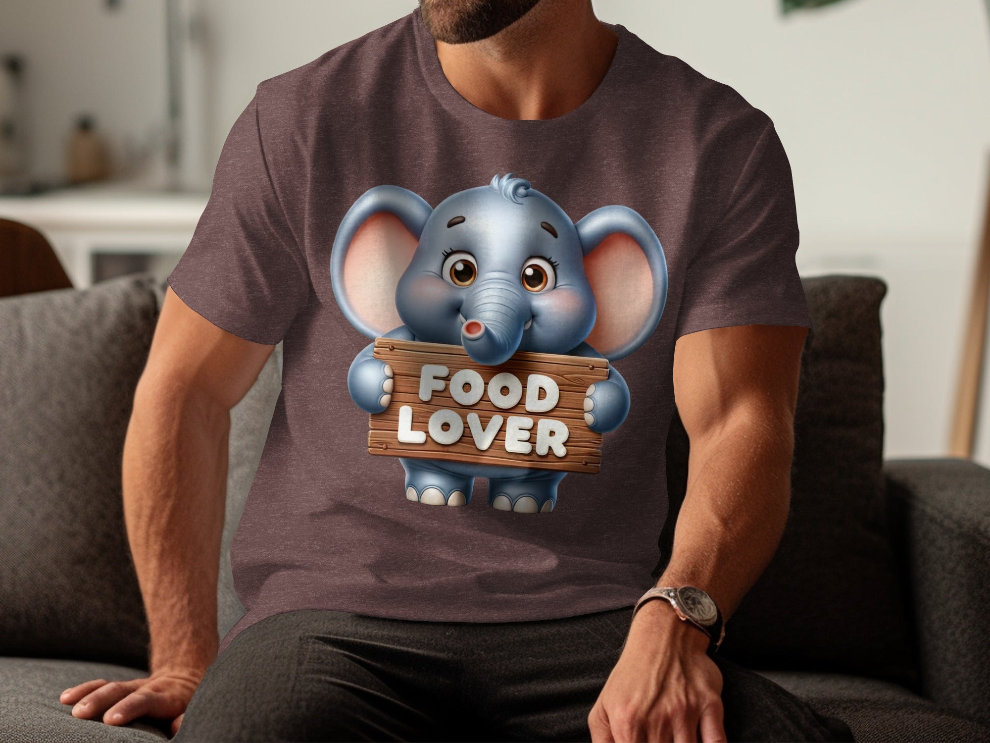 Cartoon elephant holding a wooden sign that says "FOOD LOVER."