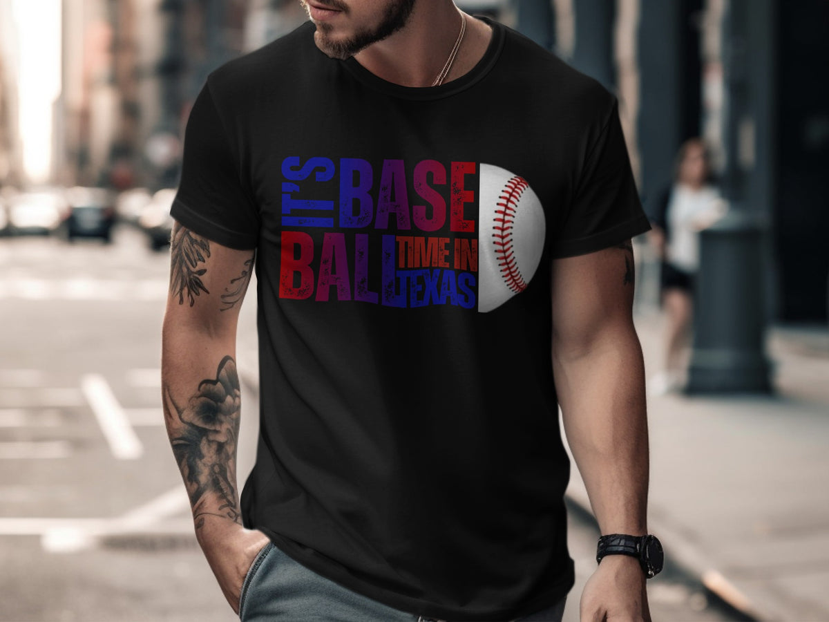 Black t-shirt with "It's Baseball Time in Texas" graphic and baseball.