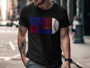Black t-shirt with "It's Baseball Time in Texas" graphic and baseball.