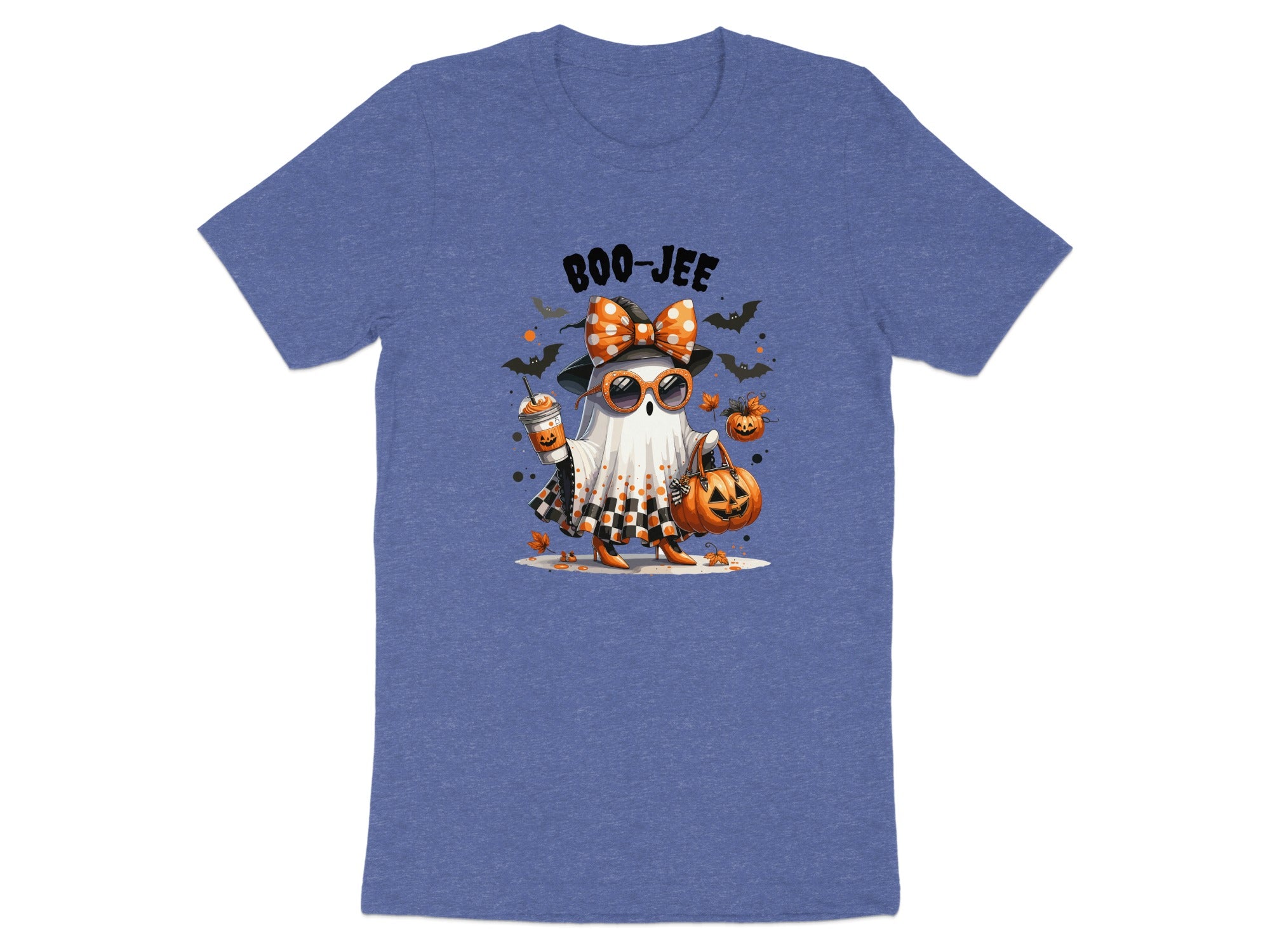 "Boo-Jee" ghost with pumpkin, coffee, and bats on a t-shirt.