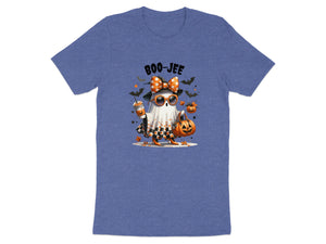 "Boo-Jee" ghost with pumpkin, coffee, and bats on a t-shirt.