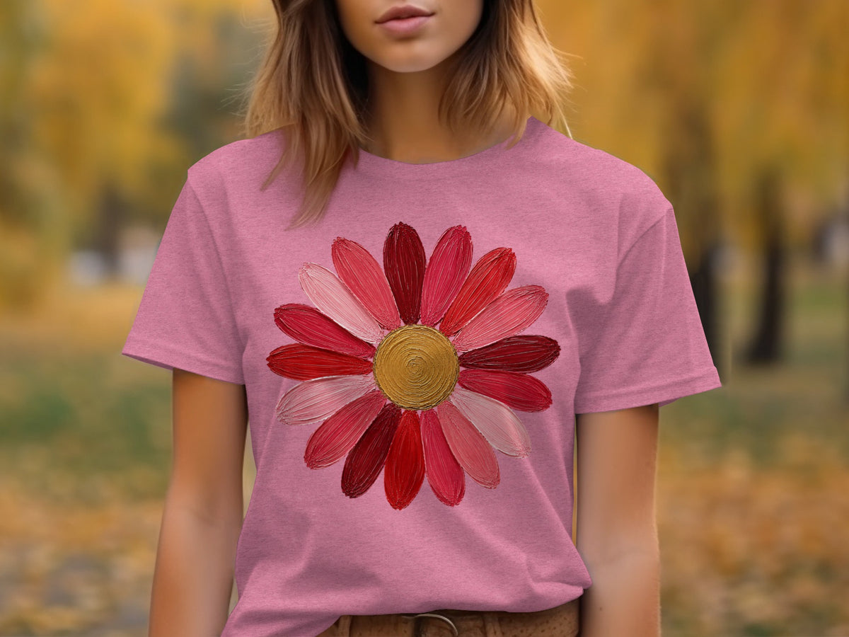Pink t-shirt with a textured, multi-colored red flower graphic.
