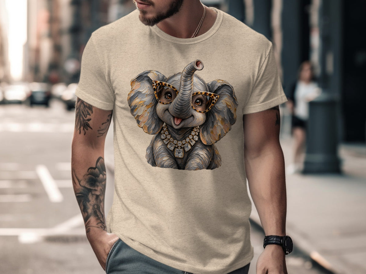 T-shirt with a graphic of a cartoon elephant wearing leopard print glasses and jewelry.