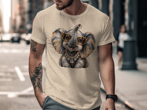 T-shirt with a graphic of a cartoon elephant wearing leopard print glasses and jewelry.