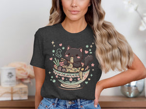 Black cat eating noodles from a decorative bowl with stars and hearts.