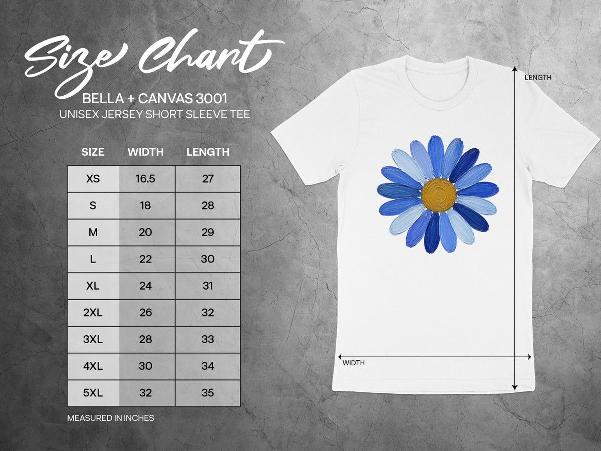 BELLA + CANVAS 3001 unisex tee size chart with width and length measurements in inches.