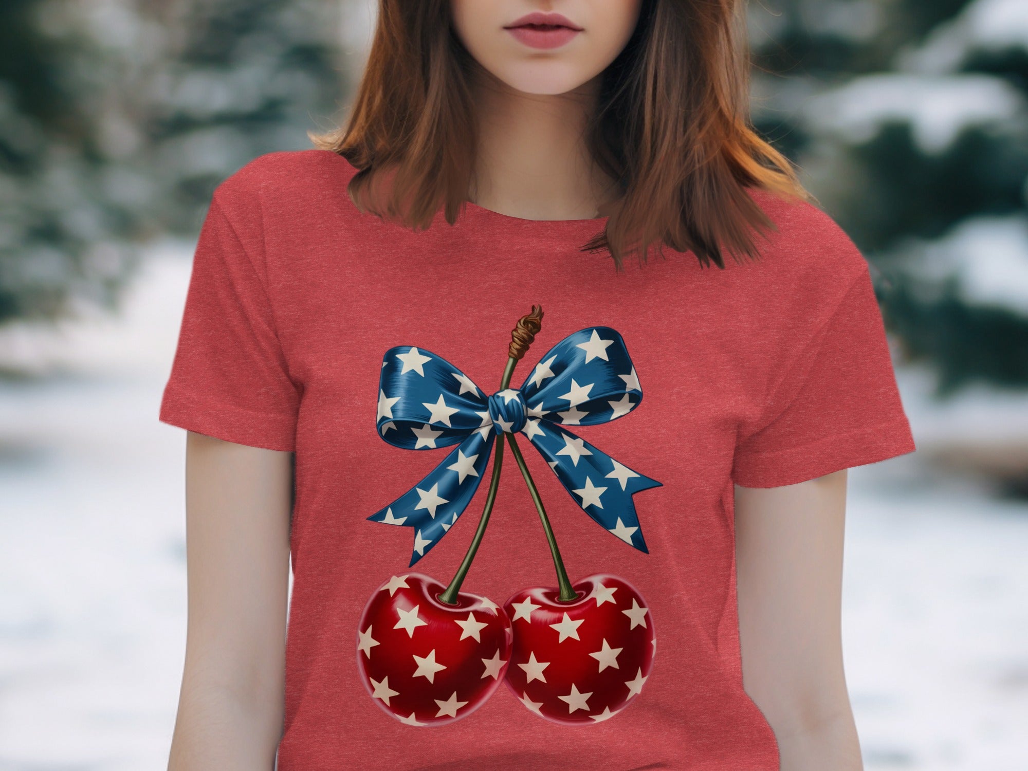 Red t-shirt with patriotic cherries and a star-spangled bow graphic.