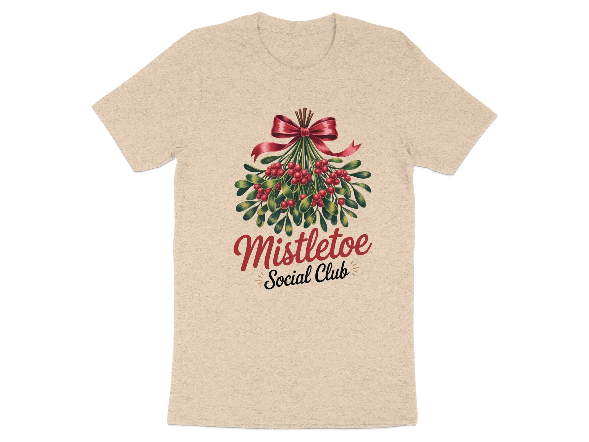 Tan t-shirt with mistletoe graphic and text "Mistletoe Social Club".