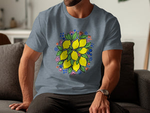 Gray t-shirt with a colorful lemon and floral branch design.