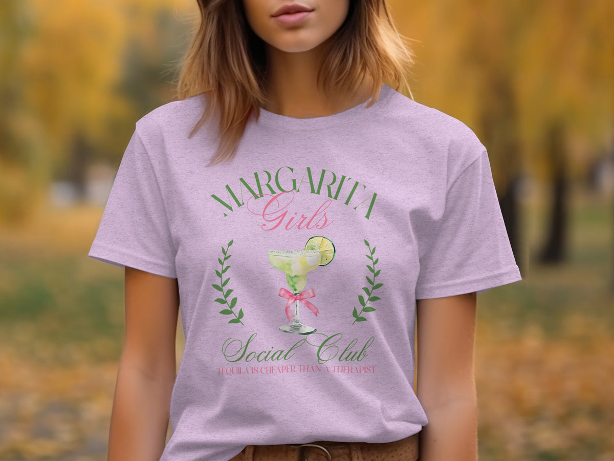 Light purple t-shirt with "Margarita Girls Social Club" and a margarita.