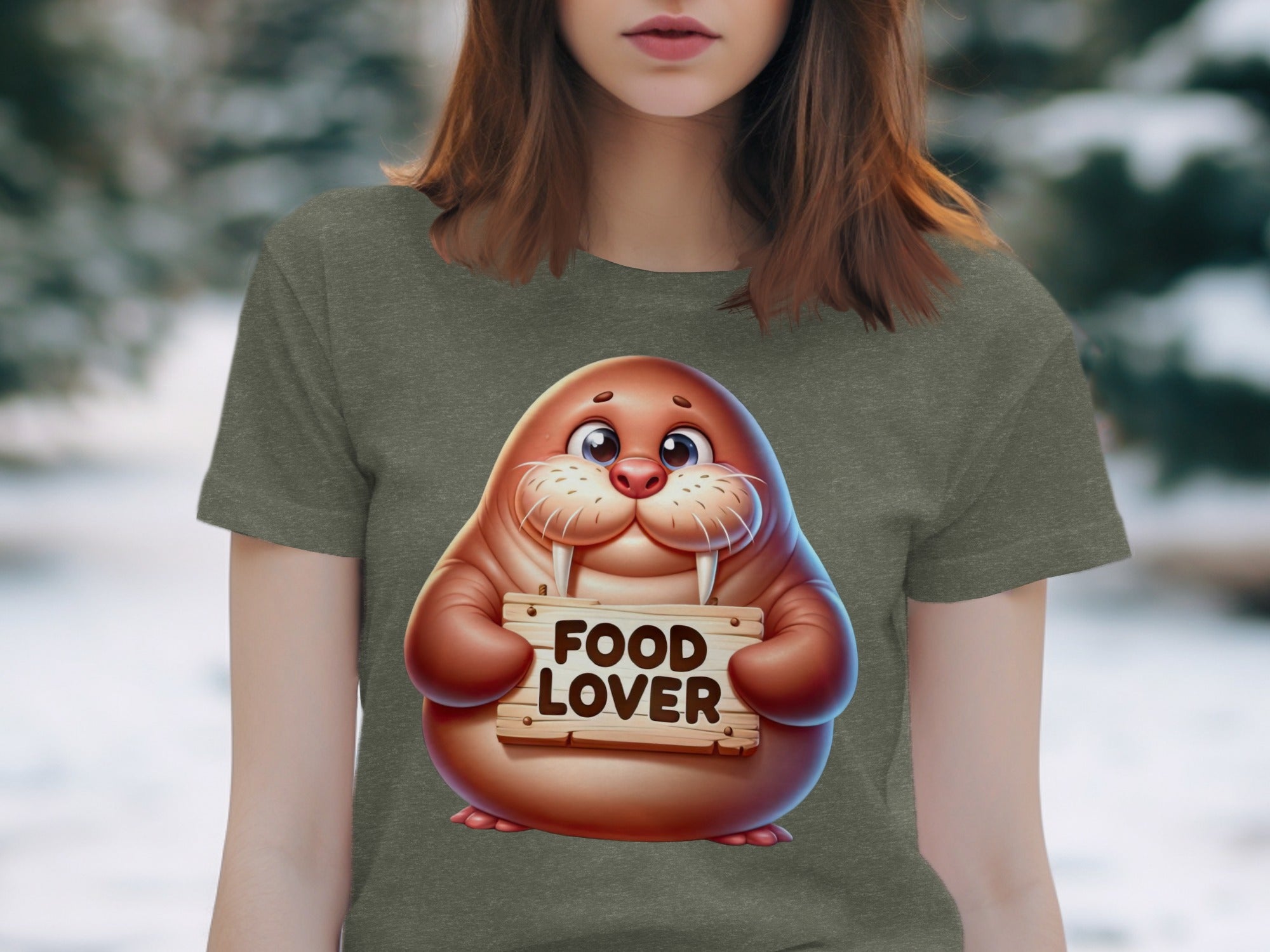 Cartoon walrus with "FOOD LOVER" sign on a t-shirt.