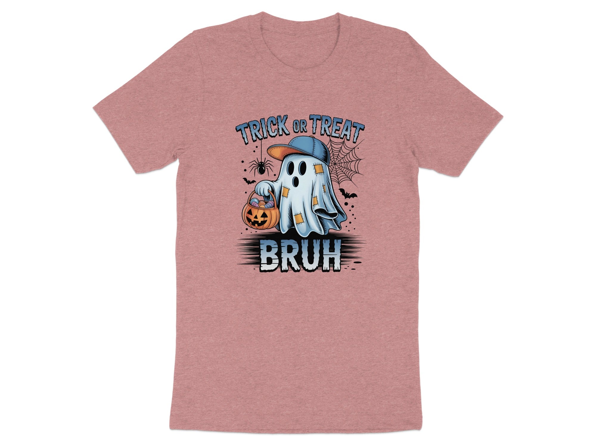 Halloween t-shirt with a ghost holding a candy bucket saying "Bruh".