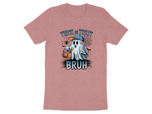 Halloween t-shirt with a ghost holding a candy bucket saying "Bruh".