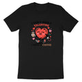Black t-shirt with a cartoon heart holding coffee, text reads "I Don't Need a Valentine, I Need a Coffee".