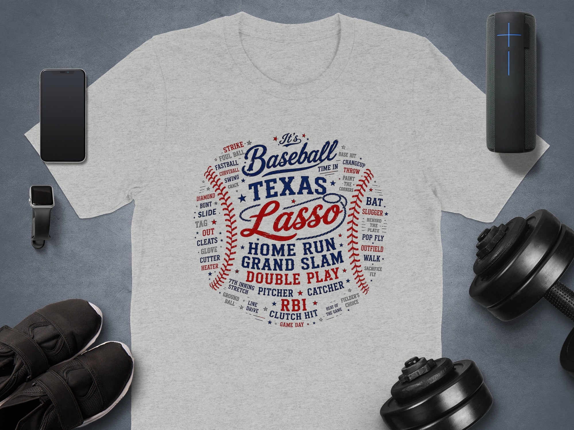 Light gray t-shirt with "Baseball Texas Lasso" graphic and baseball terms.