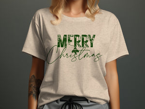 Light beige t-shirt with distressed green "MERRY" and script "Christmas" text.