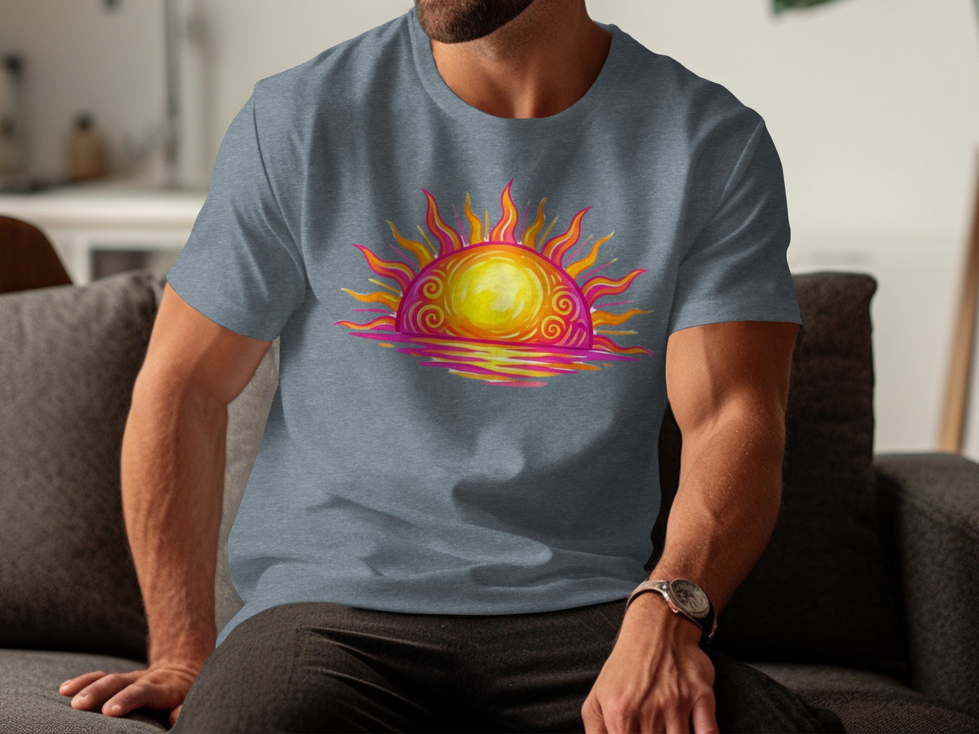 Gray t-shirt with a colorful sun and water graphic on the chest.