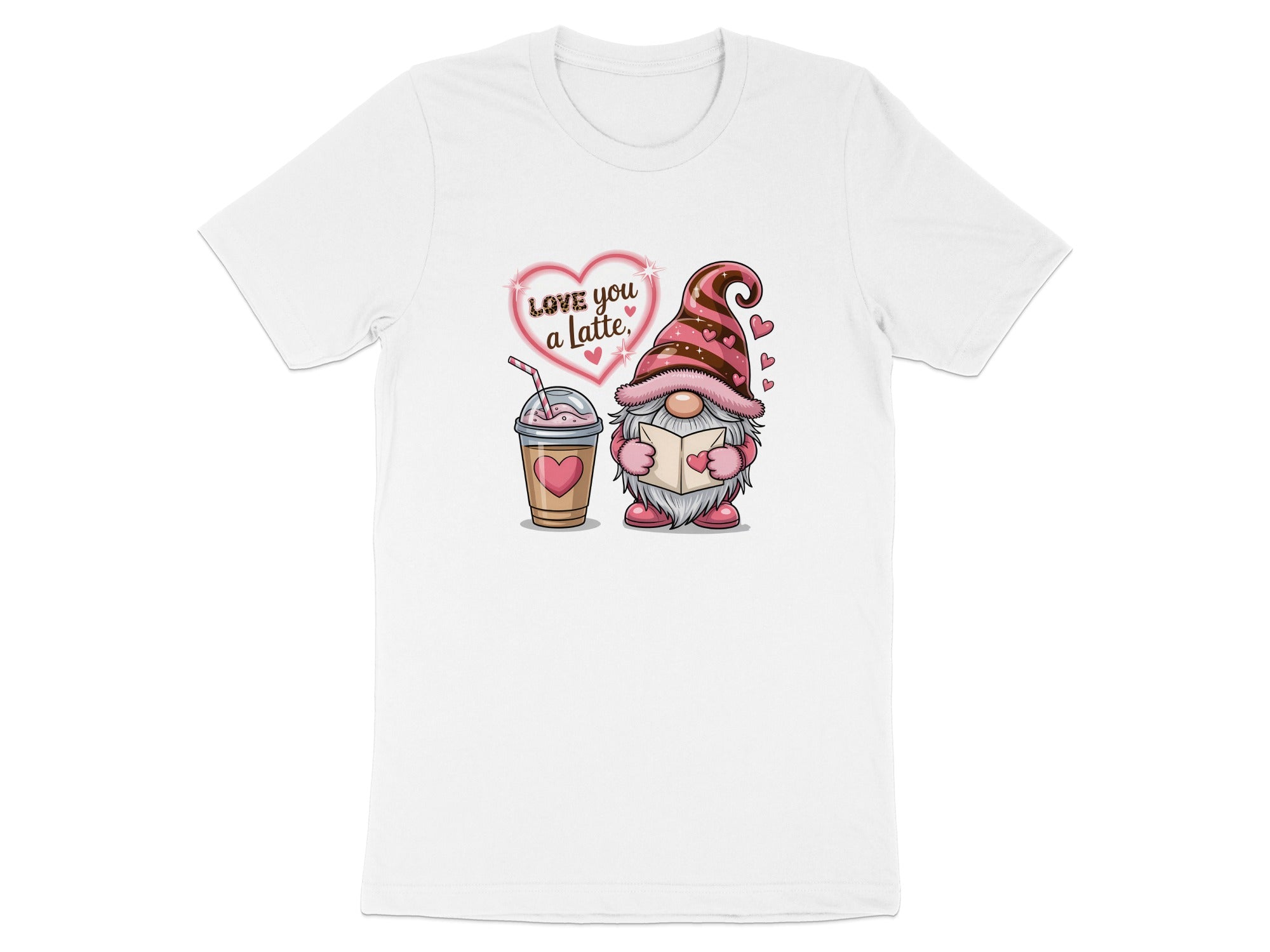 Gnome holding book with a latte and heart. "Love you a latte" text.