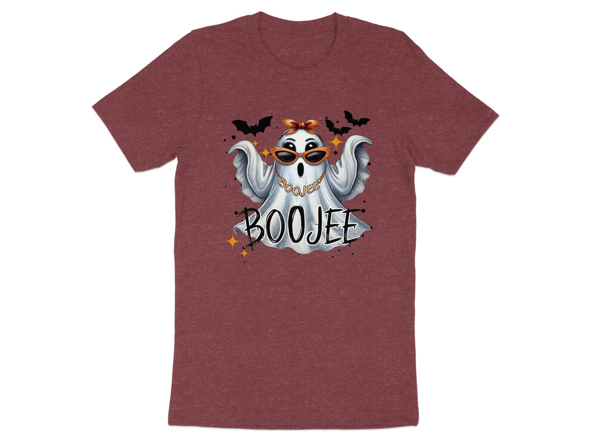 Ghost with sunglasses and "Boojee" text on a maroon t-shirt with bats and stars.