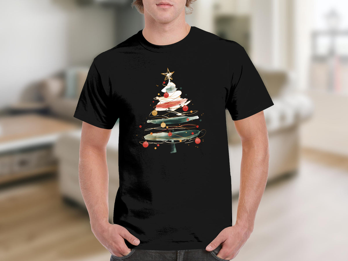 Black t-shirt with abstract watercolor Christmas tree graphic and gold star.