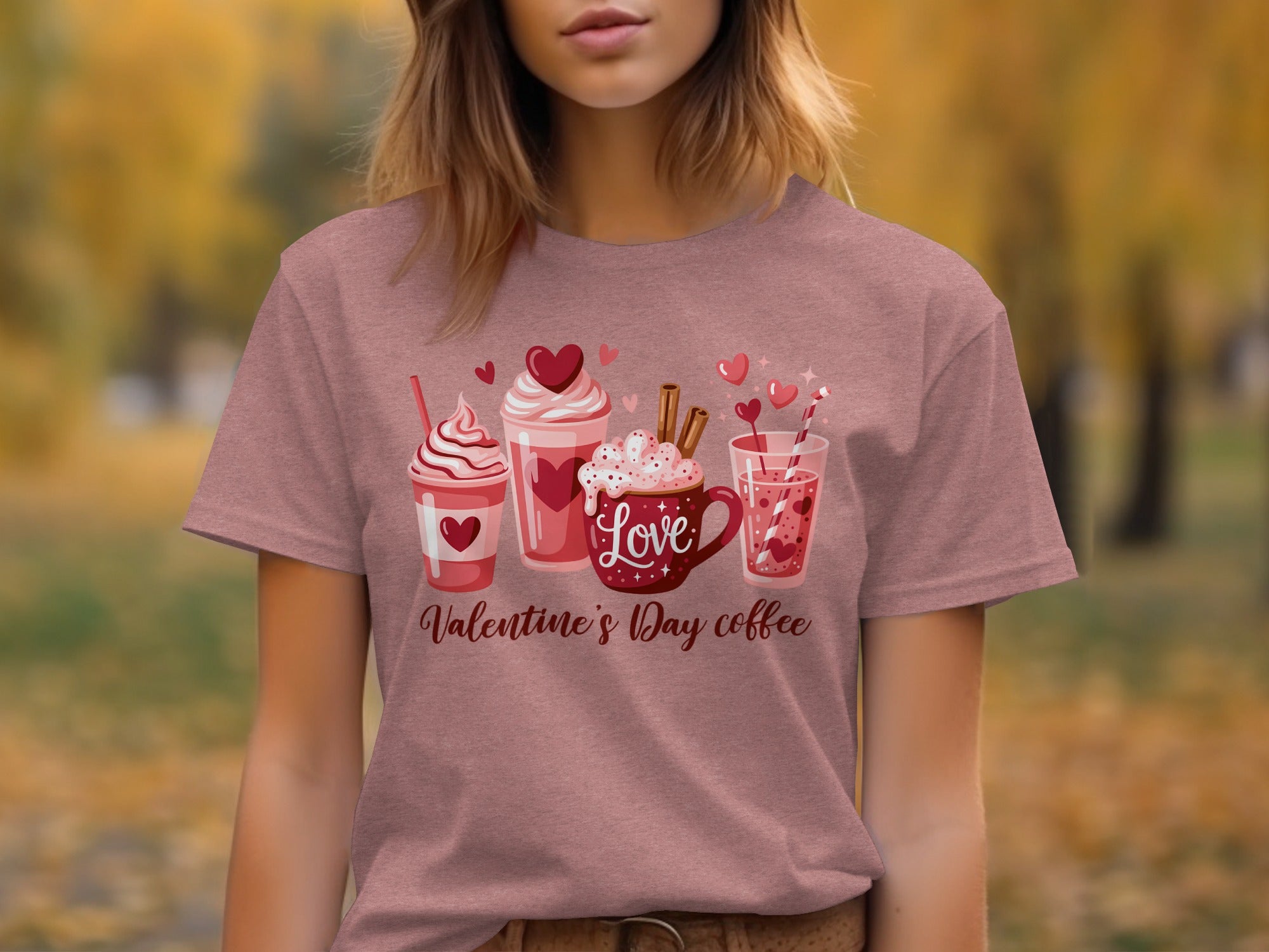 T-shirt with Valentine's Day coffee graphic featuring cups, hearts, and the word "Love".