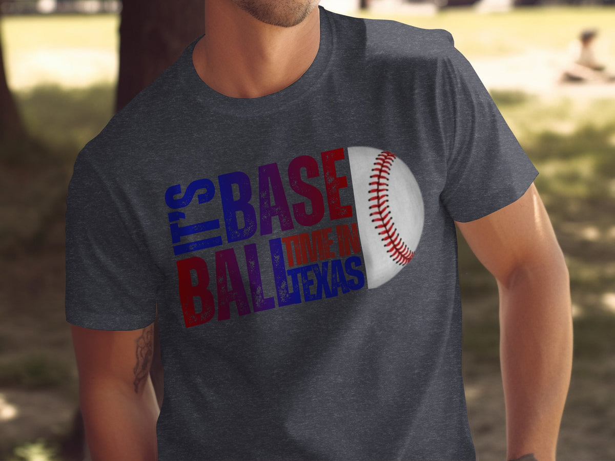 Baseball time in Texas graphic on dark grey t-shirt with baseball.