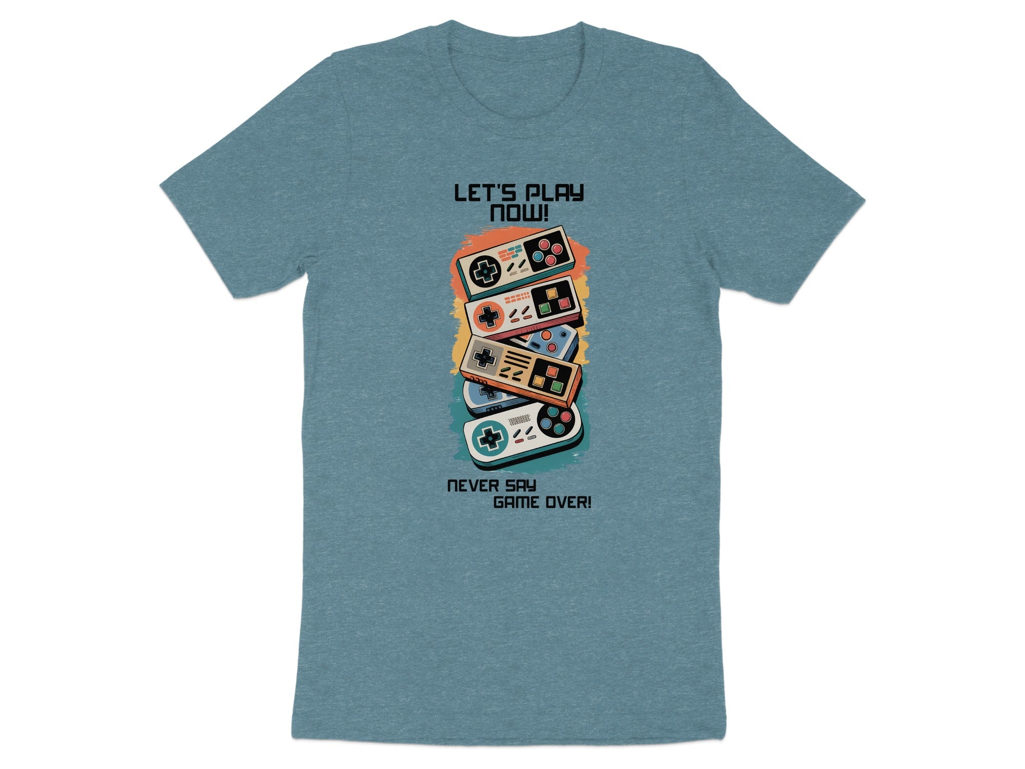 T-shirt with stacked vintage game controllers and text "LET'S PLAY NOW!"